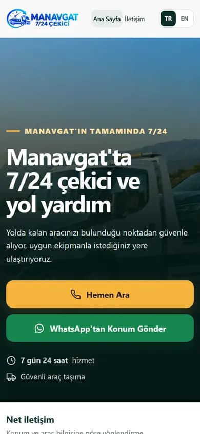 manavgat724cekici.com ana sayfasının mobil ekran görüntüsü