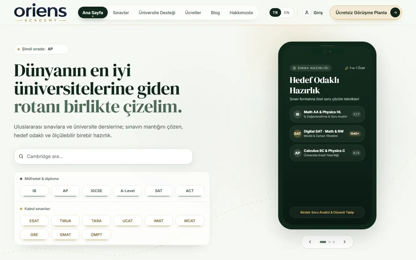 oriens-academy.com ana sayfa ekran görüntüsü