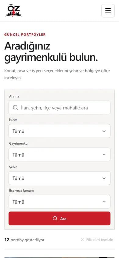 ozogullaremlak.com ana sayfasının mobil ekran görüntüsü