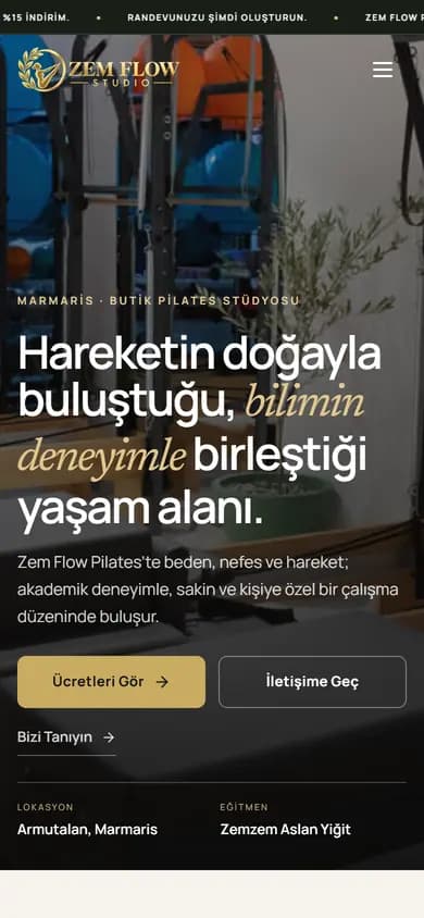 zemflowpilates.com ana sayfasının mobil ekran görüntüsü